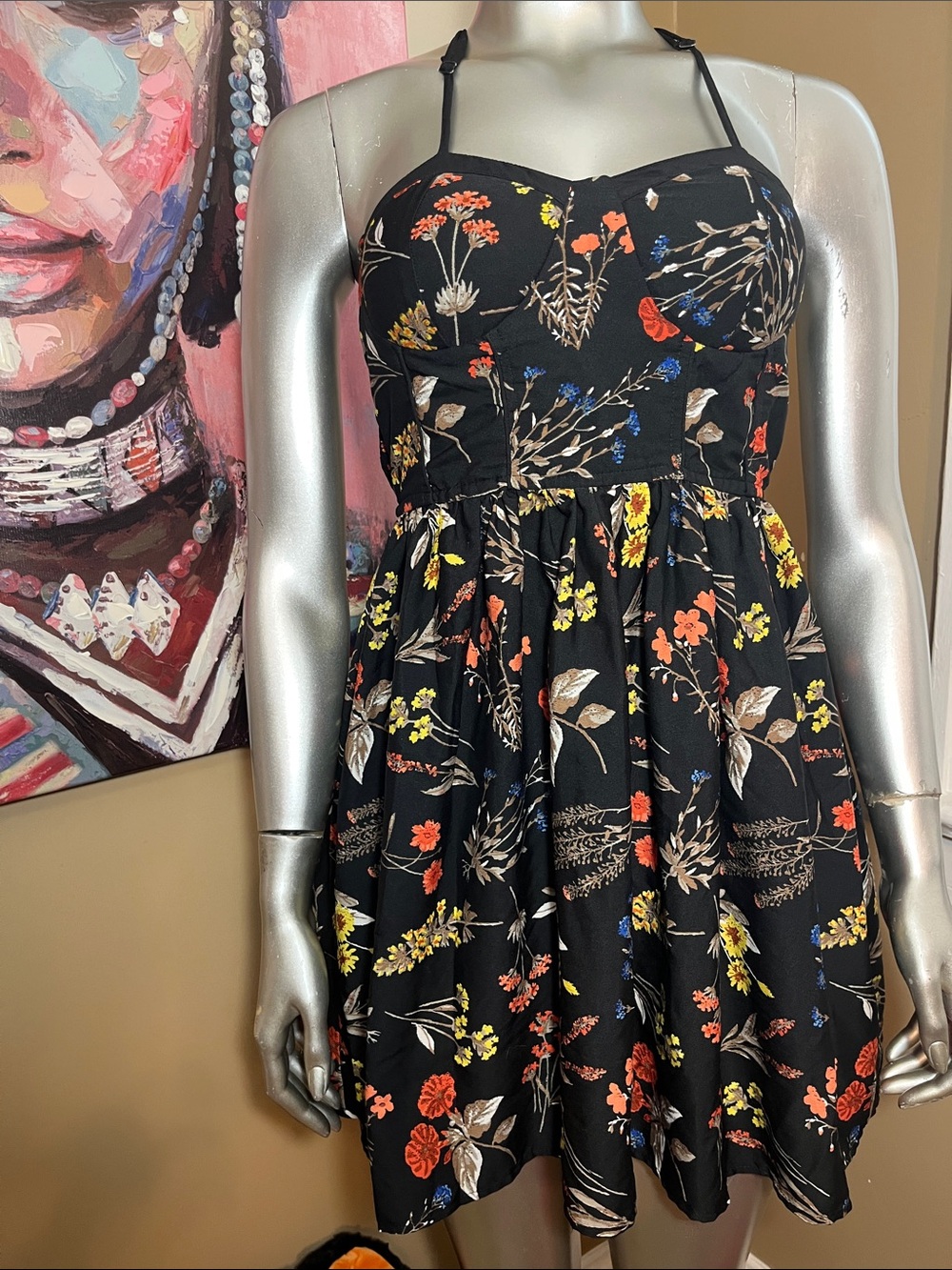 American Rag Cie autumnal fall leaves Black Floral Halter Fit & Flare Dress sz s